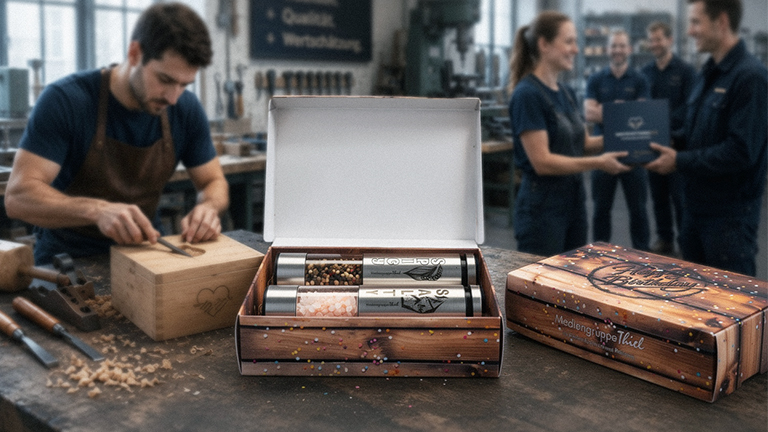 Persönlicher Moment der Übergabe einer Wertschätzungsbox als Mitarbeitergeschenk im Unternehmen